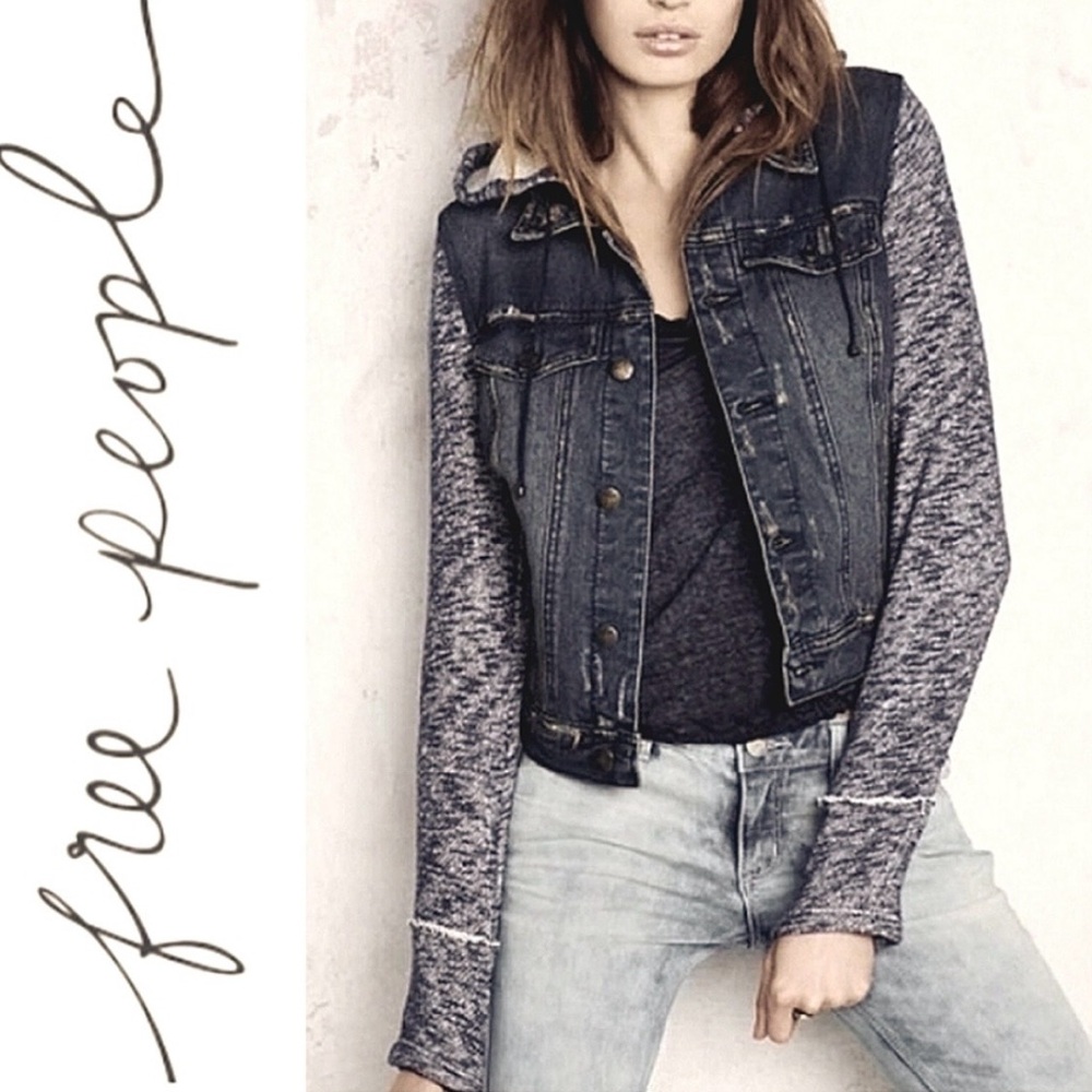 Free People Distressed Mixed Media Denim Jacket Black Sweater Sleeves – M - Picture 2 of 8